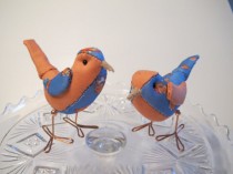 wedding photo - Wedding Cake Topper Birds: Blue and Orange Fabric Birds Cake Topper for weddings, Love Birds, Bird Pair