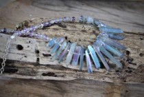 wedding photo - Lavender Crystal Spike Necklace Soft Blue Grey AB Quartz Points with Amethyst and Labradorite Pastel Shimmer Summer Bridal Jewelry