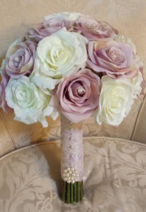 wedding photo - Vintage looking silk lavendar and ivory rose wedding bouquet with pearl accents