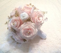 wedding photo -  Blush paper roses, lace, pearls and gold baby's breath Bridal bouquet, Made in colors of your choice, Shabby chic bouquet, Throw bouquet