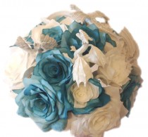 wedding photo -  Unique Dragon themed Bouquet in handmade paper flowers, Fantasy themed bouquet, Fake flower bouquet, silk bouquet, Teal and white bouquet