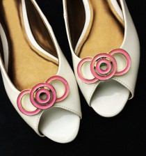wedding photo - Vintage Circle Shoe Clips - Pink Enamel on Gold Tone