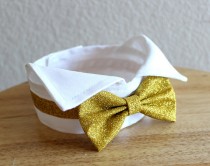 wedding photo - Gold and white dog bow tie collar, dog tuxedo collar, gold wing tip dog bowtie, wingtip collar dog wedding bow tie -More Colors Available