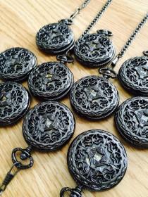 wedding photo - Lot of 9 Mens Mechanical Pocket Watches with Chain Gunmetal Black Celtic Knot Personalized Groomsmen Gift  Ships from Canada