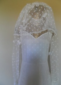 wedding photo - Vintage Wedding Dress / 1970's / Sheer Voile With Tiny Flowers & Polkadots / Veil and Headpiece /  Size Small / Excellent Vintage Condition