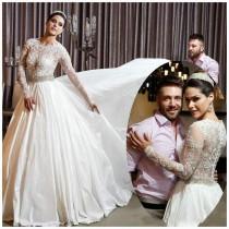 wedding photo - Glamourous 2015 Spring Long Sleeves Ball Gown Wedding Dresses Lace Sheer Appliques Beads Crystal Sheer Bridal Gowns Taffeta Custom Arabic Online with $144.19/Piece on Hjklp88's Store 