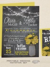 wedding photo -  Printable Rustic Wedding Invitation Suite, Mason Jar Wedding Invitation, Chalkboard Wedding Invitation, Country String Lights Wedding Invitation | | Yellow Peonies,