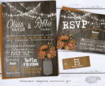 wedding photo -  Fall Wedding Invitation Set, DIY Rustic Mason Jar Wedding Invite String Lights, Peony Flowers on Wood Grain, Printable Country Barn Wedding