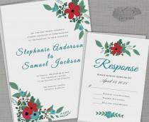 wedding photo -  Floral Barn Wedding Invitation Set, Printable Rustic Wedding Invite w/ Red & Blue Flowers - DIY Backyard Garden Wedding Invitation
