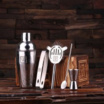 wedding photo - Personalized 5pc Cocktail Shaker Mixer Sets with Wood Storage Box Monogrammed Engraved Groomsmen, Best Man Bartender Man Cave Gift (025077)