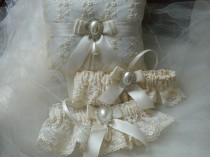 wedding photo - Wedding Garter And Ringbearer Set,Heirloom garter and pillow ring, Victorian style embroidery lace  with rhinestone and tear drop pearl