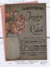 wedding photo -  Coral Rustic Mason Jar Wedding Invitation Suite - Floral Burlap Wedding Invitation with Pink Peonies - DIY Printable Summer Country Invite