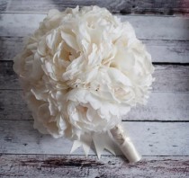 wedding photo - Ivory Peony Wedding Bouquet - Silk Peony Bridal Bouquet