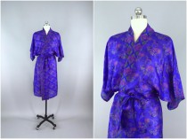 wedding photo - Silk Robe / Silk Sari Robe / Silk Kimono Robe / Vintage Indian Sari / Dressing Gown Wedding Lingerie / Boho Bohemian Blue Small Floral Print