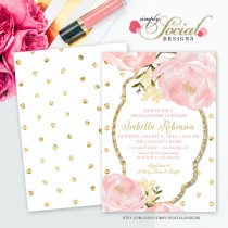 wedding photo - Romantic Garden Peonie Flowers Blush Pink and Gold Polka Dots Bridal Shower Invitation Double Sided Printable