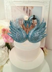 wedding photo - SALE blue glitters swan  wedding cake topper