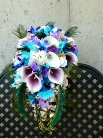 wedding photo - Cascading bridal bouquet, picasso callas, turquoise, champagne ivory hydrangeas, real touch calla lilies, purple blue orchids