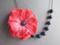 wedding photo - Statement Necklace,Coral Pink Fabric Flower Necklace, Navy Blue Jewelry,Bridesmaid Jewelry Set,Beadwork,Gift(Free matching earrings)