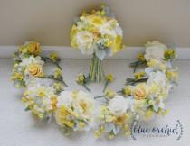 wedding photo - Yellow And Cream Wedding Package - Silk Flower Wedding Bouquets, Boutonnieres, Roses, Peonies, Ranunculus, Billy Buttons, Dusty Miller