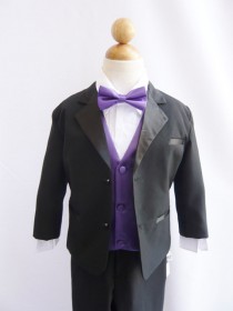 wedding photo - Formal Boy Tuxedo Black with Purple Eggplant Vest for Toddler Baby Ring Bearer Easter Communion Bow Tie Size 10, 12, 14, and More