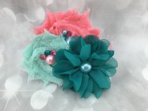 wedding photo - Coral and Teal Bow & Pearl Fluffy Floral Pet Collar Flower - Cat Dog Accessory