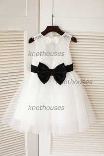 wedding photo - Ivory Lace Tulle Flower Girl Dress Keyhole Back/Black Bow Sash Children Toddler Party Dress for Wedding Junior Bridesmaid Dress