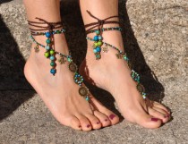 wedding photo - SEA MANDALA barefoot SANDALS foot jewelry hippie sandals toe anklet beaded crochet barefoot tribal sandal festival acai seed yoga wedding
