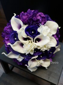 wedding photo - JennysFlowerShop 12”W Real Touch Calla Lily Wedding Bride Bouquet Cascading and Hand-Tied  in Purple Silk Roes Hydrangeas