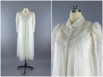 wedding photo - Vintage 1960s Peignoir Set / Robe and Nightgown /  60s Wedding Lingerie / White Ivory Lace Chiffon / Size Medium M