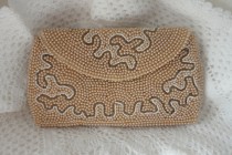 wedding photo - Vintage Champagne Pearl Beaded Envelope Clutch Purse Oyster Snap Clasp Made in Japan Lined HandBag Evening Ladies Women Wedding Accessory