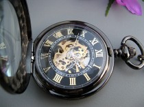 wedding photo - Premium Victorian Black & Gold Mechanical Pocket Watch with Watch Chain - Groomsmen Gift - Engravable - Watch - Item MPW295