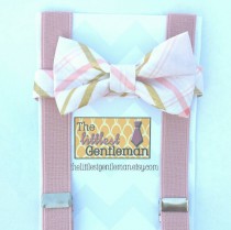 wedding photo - Blush and gold Bow Tie and tan Suspenders, Toddler Suspenders, Baby Suspenders, Ring Bearer, Pale Pink, Soft Pink, Light Pink