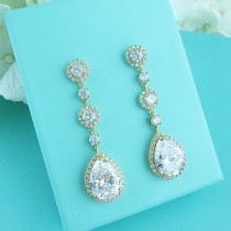 wedding photo - Gold Bridal earrings, cubic zirconia earrings, gold wedding jewelry, bridal jewelry, wedding earrings, bridal earrings, long cz earrings
