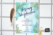 wedding photo - Green and Blue Watercolour Wedding Invitation, Turquoise - PRINTED SAMPLE, watercolor, white typography, brush stroke, wreath, olive leaves