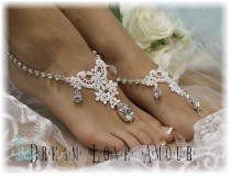wedding photo -  Silver Rhinestone and white lace barefoot sandals, beach wedding sandles, footless, barefoot wedding, crystal foot jewelry, bridal 