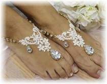 wedding photo -  Gold Rhinestone and ivory lace barefoot sandals, beach wedding sandles, footless, barefoot wedding, crystal foot jewelry, bridal 