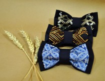 wedding photo - Set of 3 EMBROIDERED men's bow ties Navy blue pretied bow tie Groomsmen bow ties handmade bowtie Cotton Gift for boyfriend Gift for boys