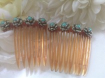 wedding photo - Vintage Set Sterling Silver & Turquoise Hair Combs Two Pieces 20s Bridal Accessory Hair Flower Veil Blue Silver Wedding Hair  Jewelry Gift