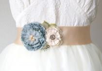wedding photo -  Wedding Sash Belt - Teal Blue, Ivory and Cream Fabric Flowers