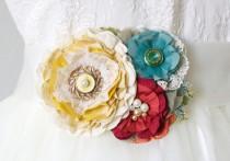 wedding photo -  Colorful Floral Sash Pin in Yellow, Teal Blue and Red