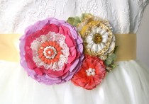 wedding photo -  Bright and Colorful Fabric Flower Wedding Sash - Pink, Coral, Yellow, Ivory White