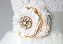 wedding photo -  Wedding Sash Flower with Vintage Rhinestone Crystal Brooch - Ivory and Yellow