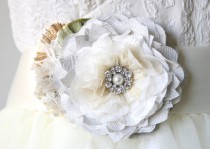 wedding photo -  Floral Gown Sash - Ivory White and Light Grey Blossom