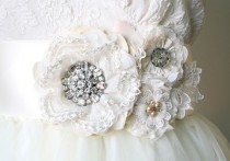 wedding photo -  Vintage Rhinestone Wedding Sash - Ivory White Floral Bridal Belt