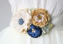 wedding photo -  Floral Wedding Dress Belt - Ivory, Blue and Golden Yellow Fabric Flowers