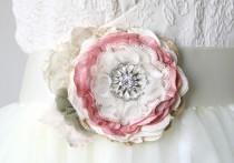 wedding photo -  Floral Wedding Gown Sash with Vintage Rhinestone Brooch - Pink, Ivory