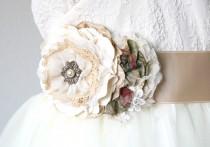 wedding photo -  Vintage Style Wedding Dress Sash - Ivory, Cream and Burgundy Flowers