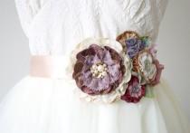 wedding photo -  Floral Bridal Belt - Purple and Rose Gold Fabric Flowers