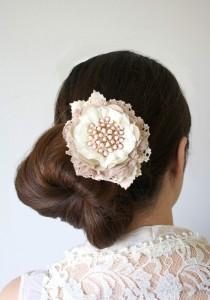 wedding photo -  Large Floral Hair Barrette with Vintage Jewel and Antique Lace - Blush Pink and Ivory