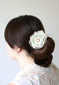 wedding photo -  Floral Hairpiece with Pearl Rhinestone Button and Vintage Lace - Mint, Sea Foam Green and Ivory